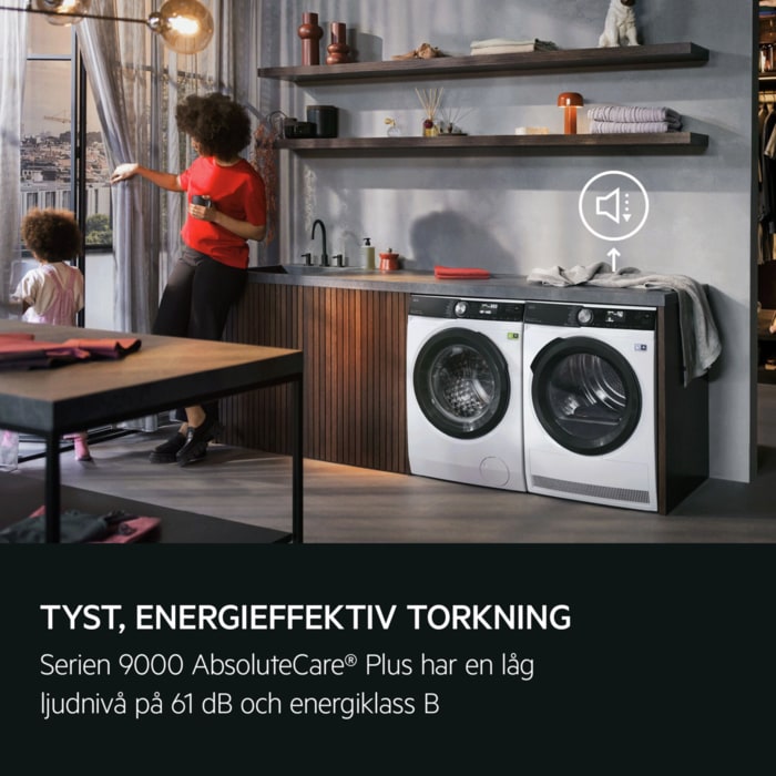 TYST, ENERGIEFFEKTIV TORKNING Serien 9000 AbsoluteCare® Plus har en låg ljudnivå på 61 dB och energiklass B