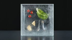 Ett isblock med kylda ingredienser inuti som representerar kylpelaren i Taking Taste Further