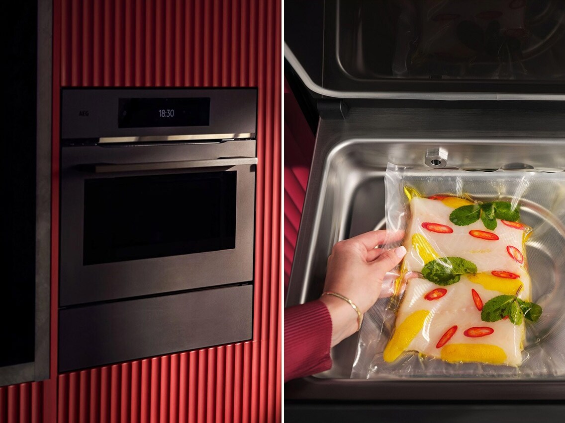 Bilden är uppdelad i två sektioner och visar en kombination av inbyggd kompaktugn och sous vide-låda från AEG samt sous vide‑tillagning.